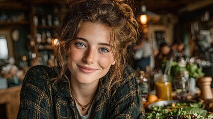 Photo of smiling woman eating healthy salad while sitting on kitchen table