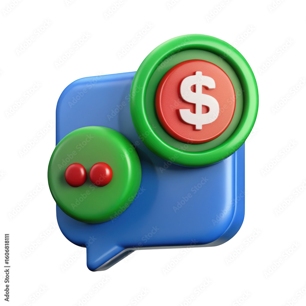 Poster 3d render of a speech bubble with dollar coin and notification badge on dark background for financia