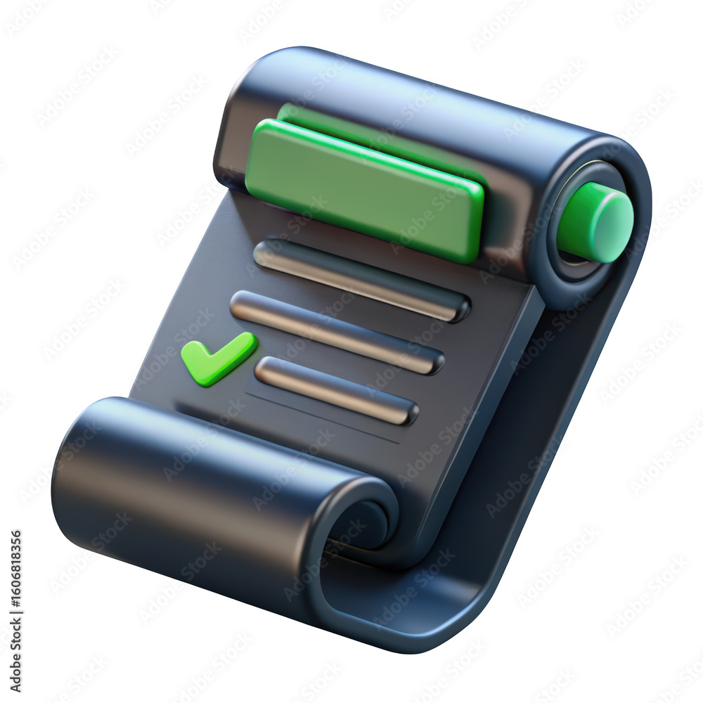 Poster 3d render of task list with green checkmark symbolizing completion and approval against a background