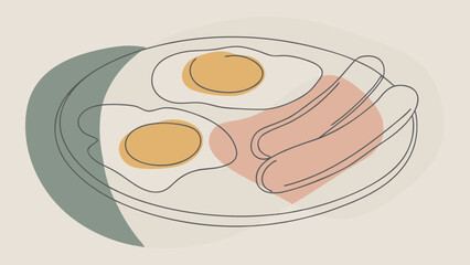 A minimalist line drawing of a breakfast plate featuring fried eggs and sausages.