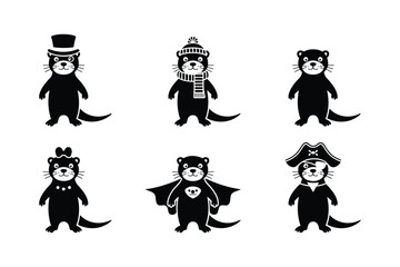 Black otter silhouettes wearing different costumes top hat scarf