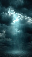 Fototapeta premium Rain is heavily falling on the ocean under dark clouds and a light beam from a break in the clouds
