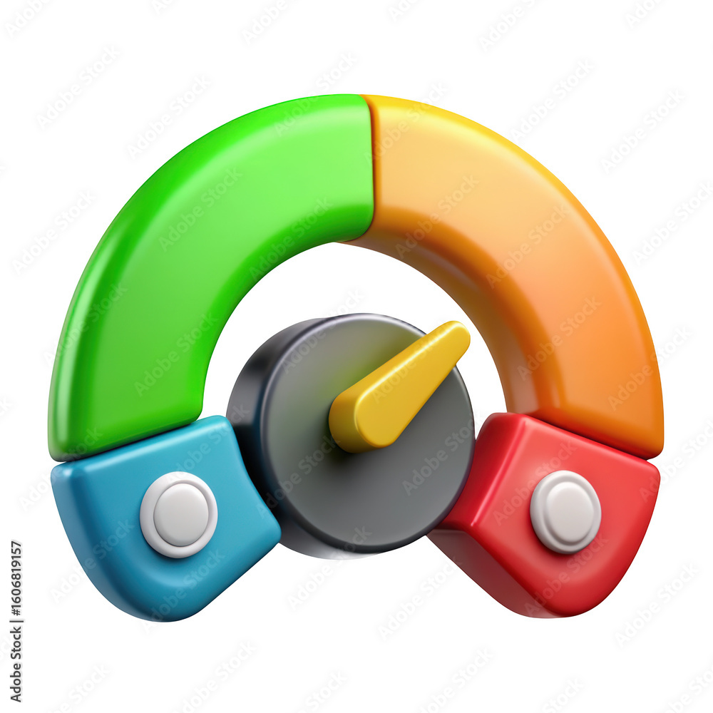 Poster colorful 3d gauge icon with arrow on background illustrating measurement progress and performance in