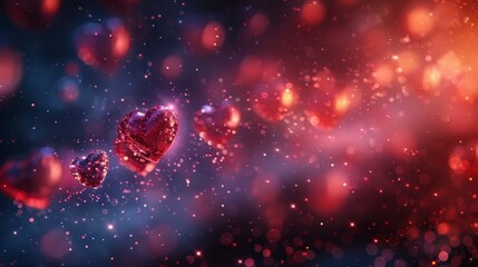 Floating red hearts and blurred bokeh lights create a romantic and dreamy abstract background