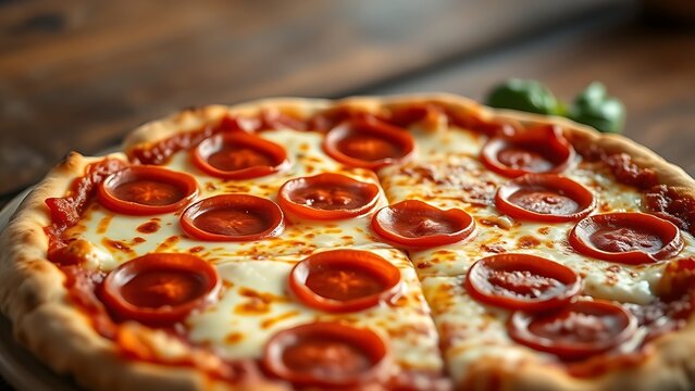 Close-up view of a pepperoni pizza with melted cheese on a rustic wooden table, evoking warmth.