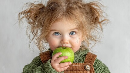 Young girl biting a green apple while standing on a white background.