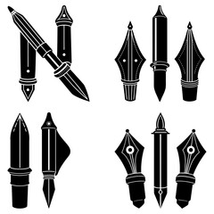 Fototapeta premium Collection of detailed black and white fountain pen nibs and pen bodies in various orientations and styles