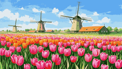 Grace Cup Pink Yellow Tulip field view isolated watercolor vector illustration svg