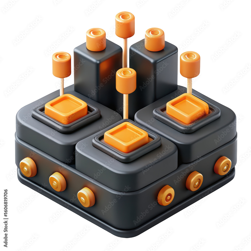 Poster isometric 3d rendering of abstract technology machine with levers and buttons with and orange color 