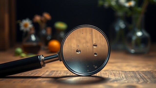 A magnifying glass on a wooden surface with blurred botanical specimens in the background.