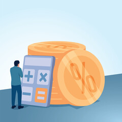 People see a large calculator next to gold coins, a metaphorical illustration of tax calculations, financial analysis and