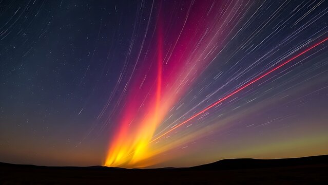 Double-exposure night sky with intersecting vibrant meteor trails, representing celestial events.