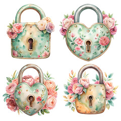watercolor illustration of vintage padlocks adorned with blooming flowers