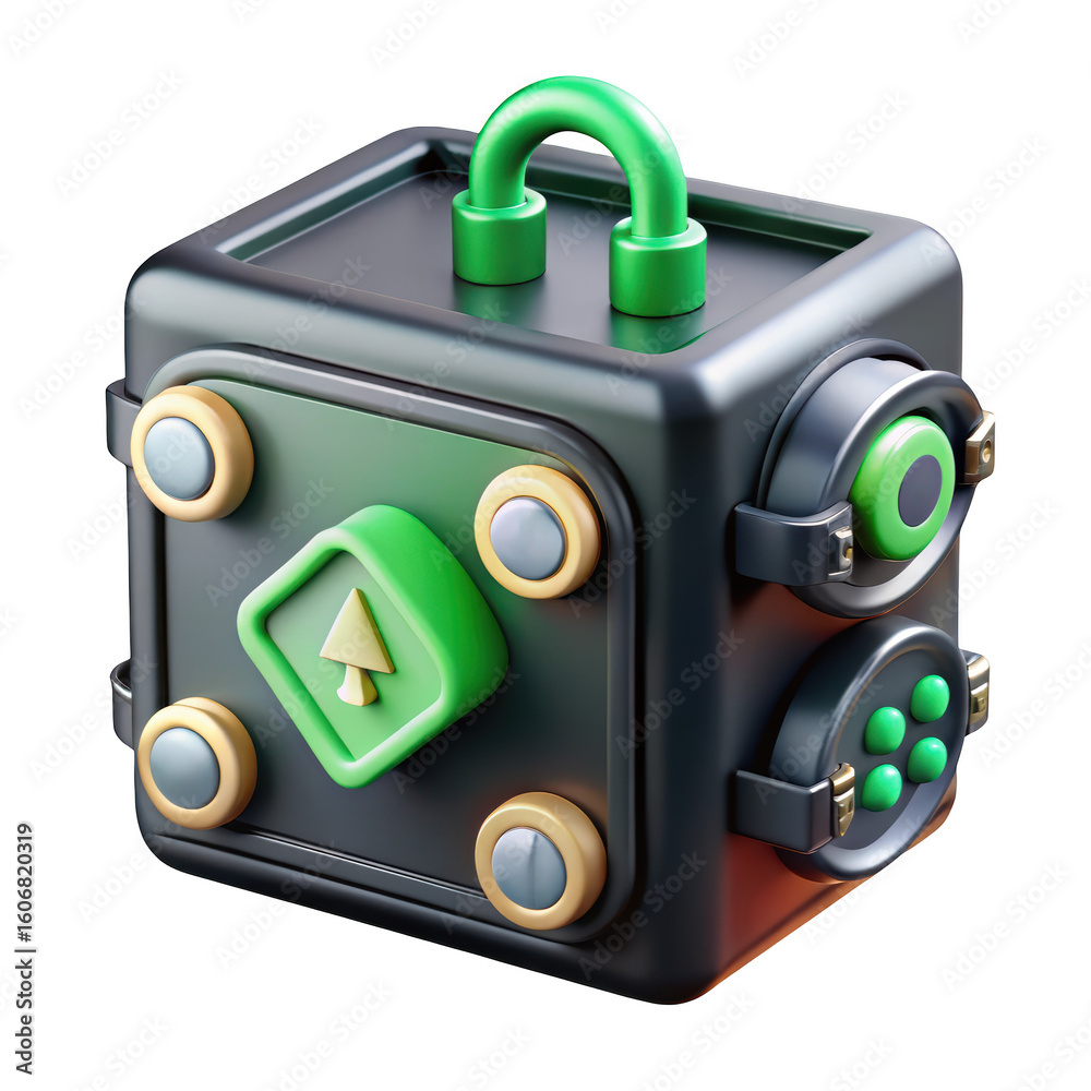 Poster stylized futuristic device cube with buttons knobs and handle in green and on a background