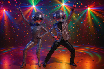 Glittering disco-ball headed duo strike dancefloor poses amid rainbow lights and confetti for ultimate retro party scene, generative AI