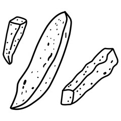 hand-drawn doodle style French fries. The crispy fries are scattered randomly on a clean white background, ideal for food packaging, fast food branding