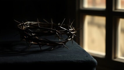 A symbolic crown of thorns resting on a dark surface, representing Christian sacrifice and devotion.