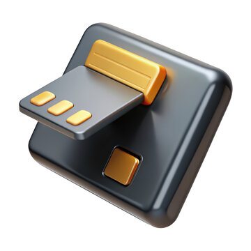 Stylized isolated credit card reader mockup with background shiny plastic and golden elements for finance concepts 3d rendering