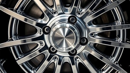 Polished metal wheel with industrial chrome texture, minimalist studio lighting showcase.