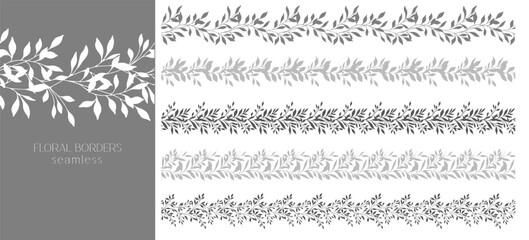 Floral Botanical Borders. Seamless Horizontal Floral Background. Greenery Silhouette Line Art. Minimalist Floral Design. For wedding invitations, save the date