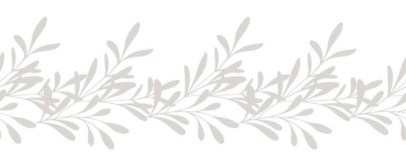 Obraz premium Floral Border with Branches and Leaves. Seamless Horizontal Floral Background. Greenery Line Art Drawing. Minimalist Floral Design. Leaf garland seamless. Botanical Border Frame