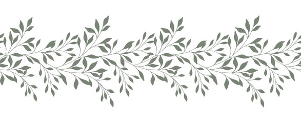 Floral Border with Branches and Leaves. Seamless Horizontal Floral Background. Greenery Line Art Drawing. Minimalist Floral Design. Leaf garland seamless. Botanical Border Frame
