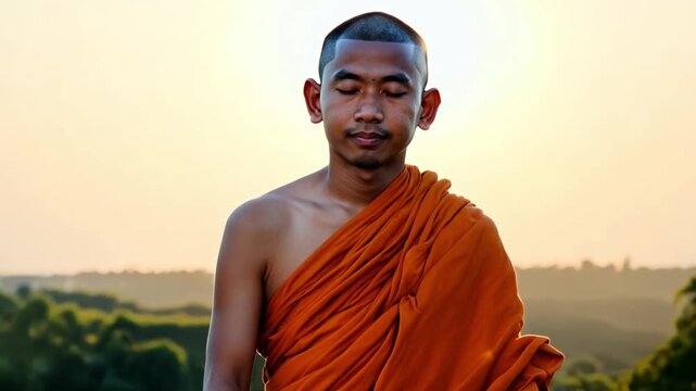 Young buddhist monk meditating at sunset in oran