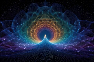 An abstract and vibrant image featuring a celestial and futuristic design, with a trance-like and psychedelic vibe. The colors and patterns create a mesmerizing and otherworldly atmosphere.