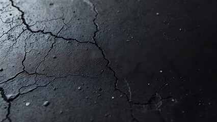 Obraz premium Abstract dark concrete surface with raw texture variations, highlighting weathered cracks and aggregates under moody lighting.