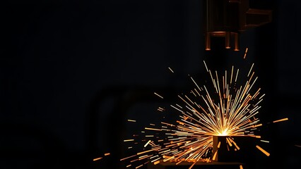 Abstract metalworking scene with glowing sparks, dramatic lighting creating a dynamic atmosphere.