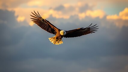 Obraz premium A majestic bald eagle soaring through a dramatic golden-hued sky.