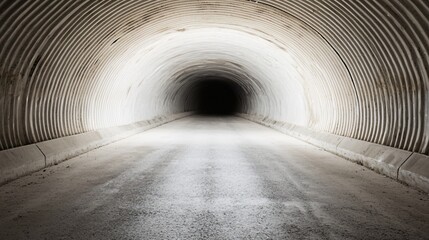 Obraz premium A desolate, winding tunnel within an abandoned military bunker, constructed from corrugated steel and rough-hewn rock, disappearing into the darkness