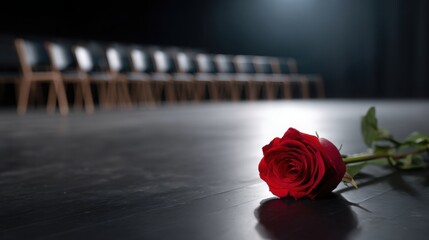 a single red rose in the foreground on a dark stage floor, background shows empty theater seats under dim spotlight, suggesting unspoken emotions 
