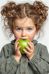 Young girl biting a green apple while standing on a white background.