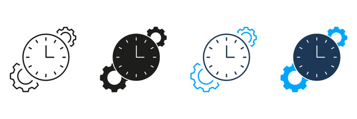 Clock With Gears Line And Solid Icon Set. Time Management, Efficiency, And Process Optimization Symbol Collection. Productivity And Workflow Enhancement. Isolated Vector Illustration