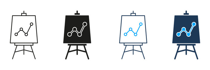 Presentation Board With Graph Line And Solid Icon Set. Business Analytics, Data Visualization, Performance Tracking Symbol Collection. Strategy Planning. Isolated Vector Illustration