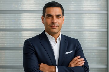Fototapeta premium Businessman with Confident Expression Crossing Arms in Modern Office Setting