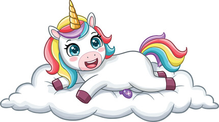 Naklejka premium Adorable cartoon unicorn with rainbow mane lying on soft cloud, perfect for kids illustrations, magical fantasy scenes, and dreamy artwork