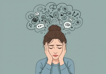 Woman overwhelmed by anxious thoughts and mental clutter
