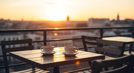 Romantic Rooftop Coffee Break  Golden Hour Cityscape Serenity with Espresso