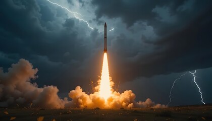 Rocket launch with bright flames and smoke against a stormy sky with lightning strikes visible
