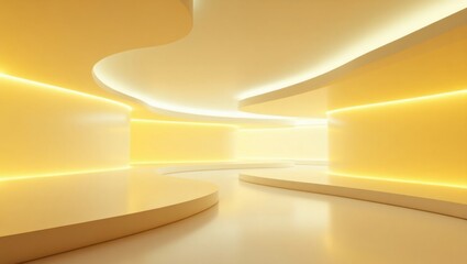 Entorno digital moderno. Luz amarilla suave, superficies curvas, capas transparentes superpuestas, sutil desenfoque de movimiento, minimalismo abstracto y limpio