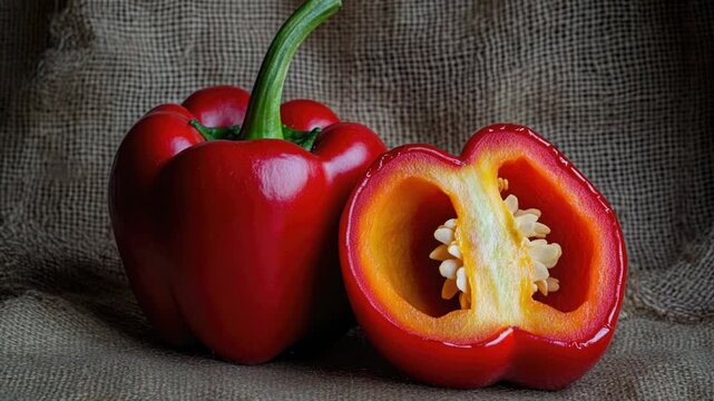 A fresh red pepper cut into two halves with a green stem still attached