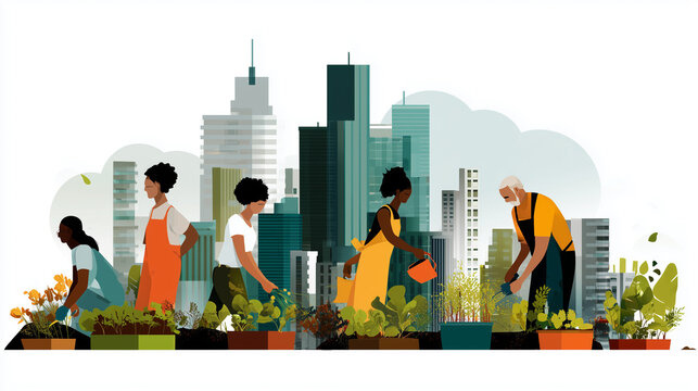 Community members cultivate rooftop garden in urban setting, fostering connections and sustainable living