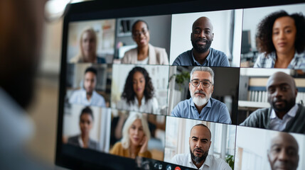 Diverse team engaging in collaborative video conference from various locations