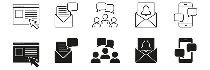 Communication And Notification Line And Solid Icon Set. Email, Messaging, And Alert Symbol Collection. Digital Interaction And Connectivity Representation. Isolated Vector Illustration
