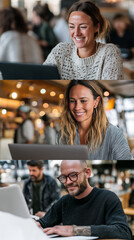 Individuals collaborating on a shared project in diverse settings like home, cafe, and co-working space