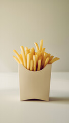 Salty yellow French fries in a box, isolated or in a white bowl, are a classic fast-food snack