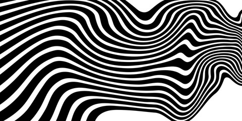 Abstract Halftone Black and White Wavy Lines Textured Background with 3D Illusion and Twisting Movement Effect. Vector Op Art Illustration.