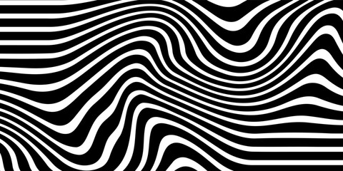 Abstract Halftone Black and White Wavy Lines Textured Background with 3D Illusion and Twisting Movement Effect. Vector Op Art Illustration.